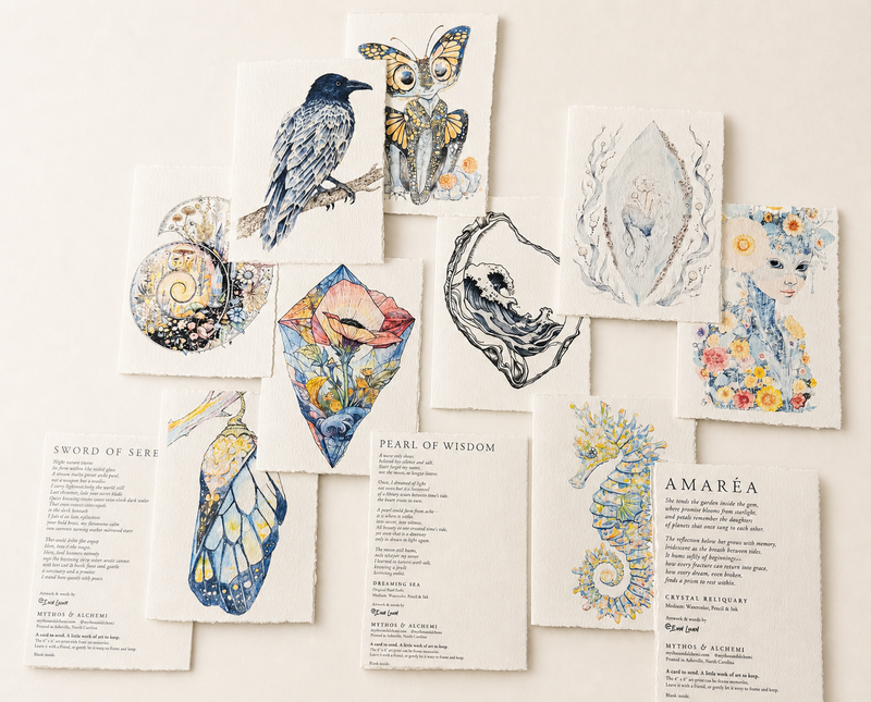 Layered arrangement of Mythos & Alchemi deckled-edge watercolor greeting card artwork