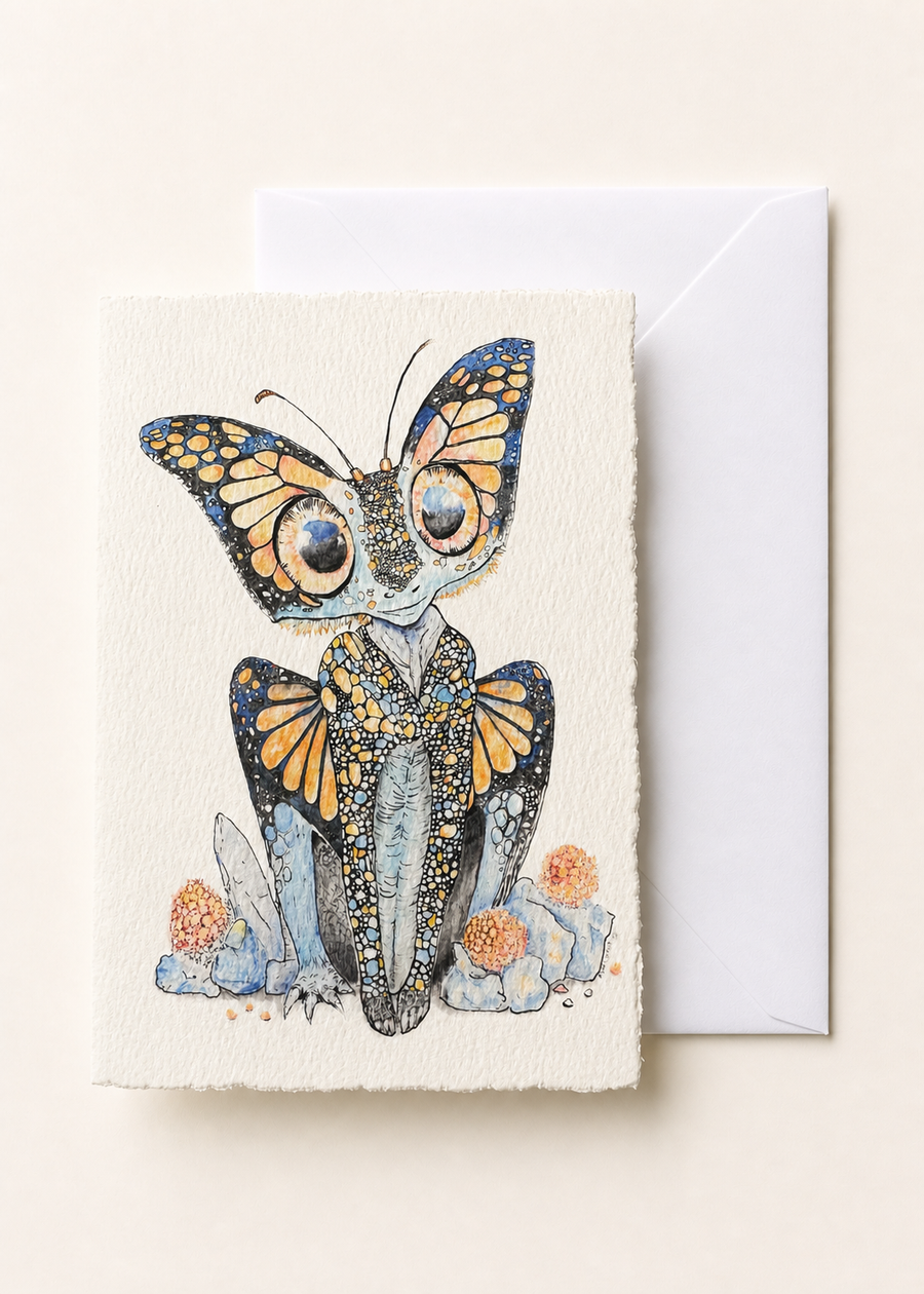Auranthra 5x7 deckled-edge greeting card showing butterfly-mantis figure with monarch wings among fungi with a white envelope
