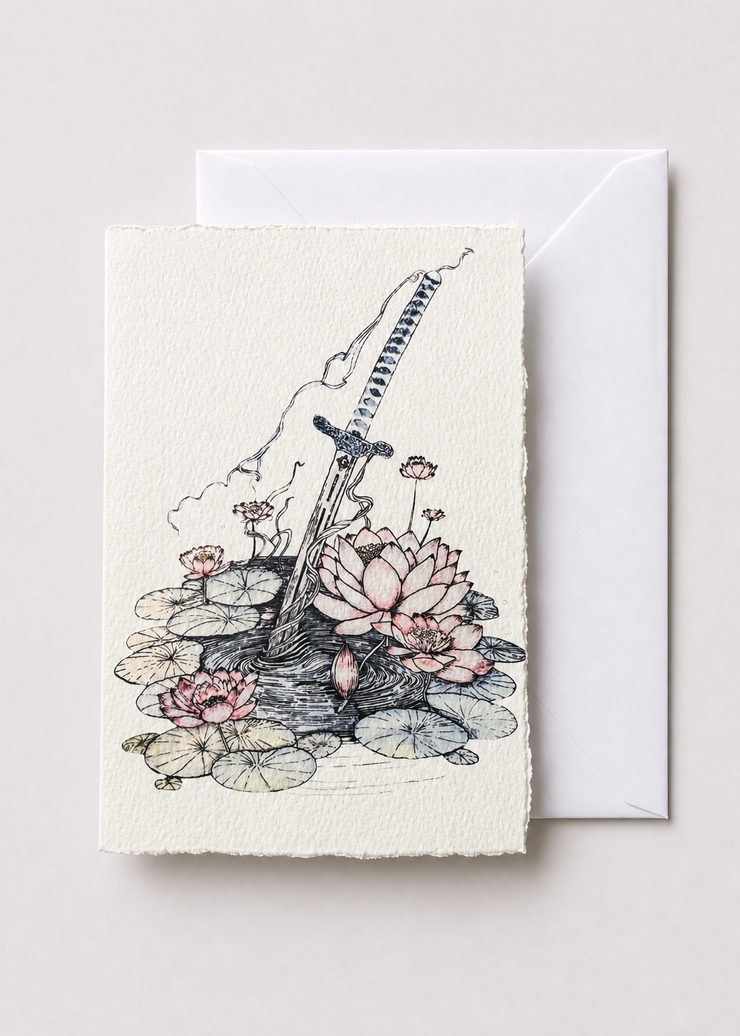 Sword of Serenity 5x7 deckled-edge greeting card showing slender sword rising from a lotus pond with a white envelope