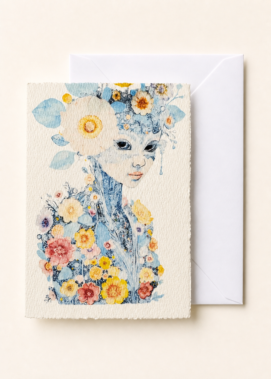 Persephone Reborn 5x7 deckled-edge greeting card showing flower-crowned Persephone portrait in blue, yellow, and coral with a white envelope
