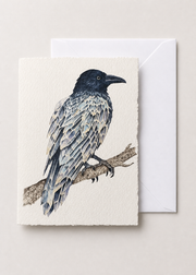 Feather & Stone 5x7 deckled-edge greeting card showing raven whose feathers become blue and silver stone facets with a white envelope