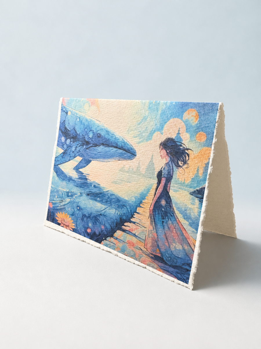 Oneirion – The Temple of Dreams 5x7 deckled-edge greeting card showing woman meeting a blue whale beside a luminous dream sea with a white envelope