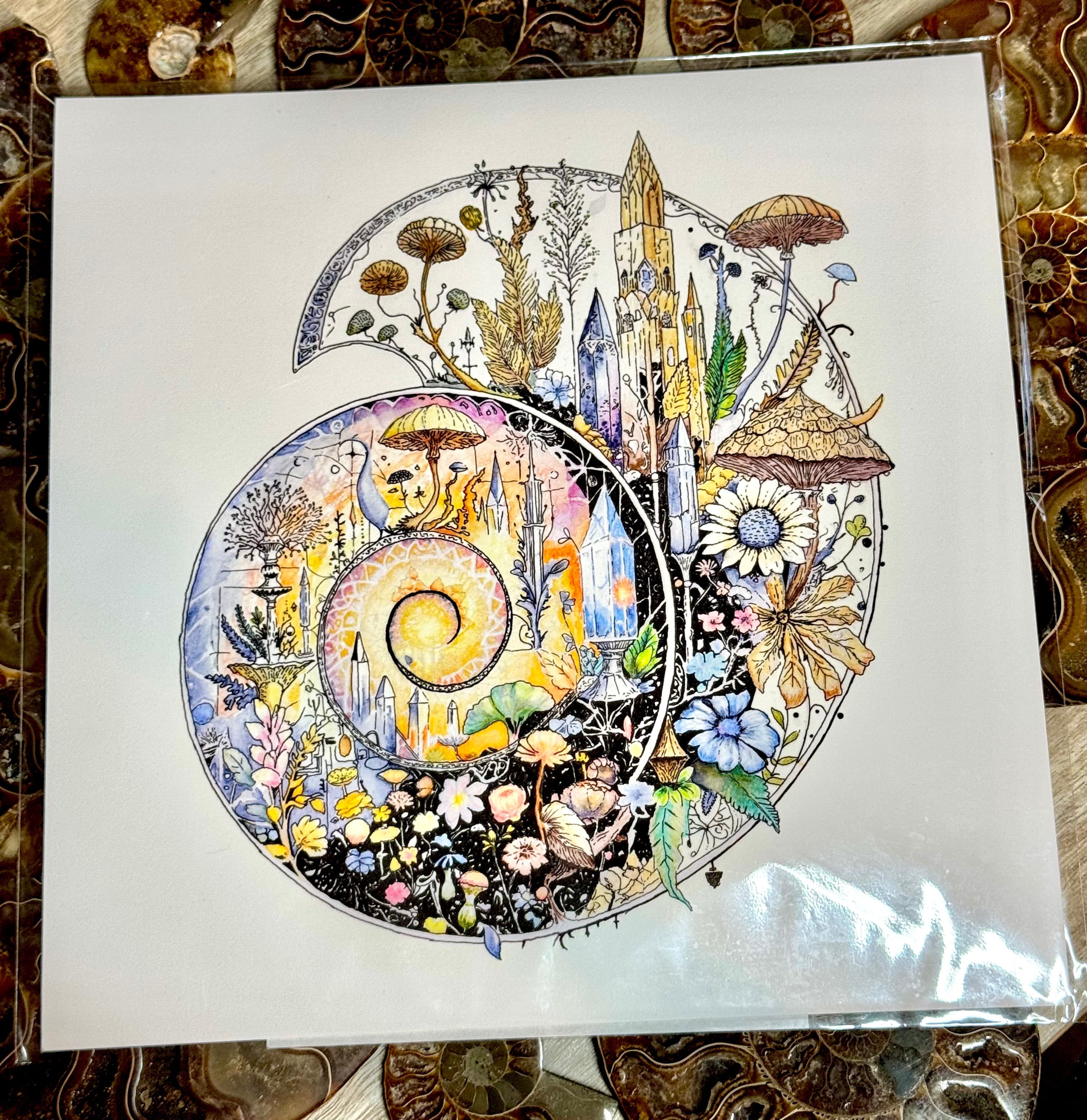 10x10 Ammonite Fine Art Print, Transformational Art, Fantasy Art, Fossil Painting, Crystal Painting, Archival Print