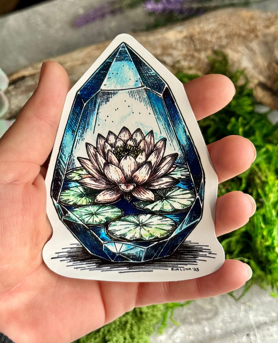 Within Stillness - Lotus Crystal Sticker - Weatherproof Vinyl Bumper Sticker, Laptop Sticker, Yoga Peace