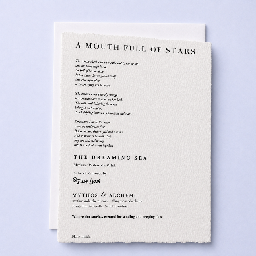 Back of the A Mouth Full of Stars greeting card with original poem and artwork details
