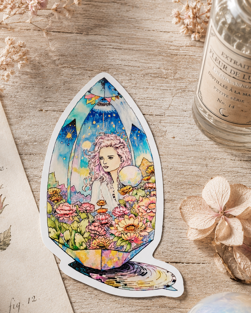 Keeper of Quartz Dreams 4" Weatherproof Vinyl Sticker - Fantasy Crystal Art