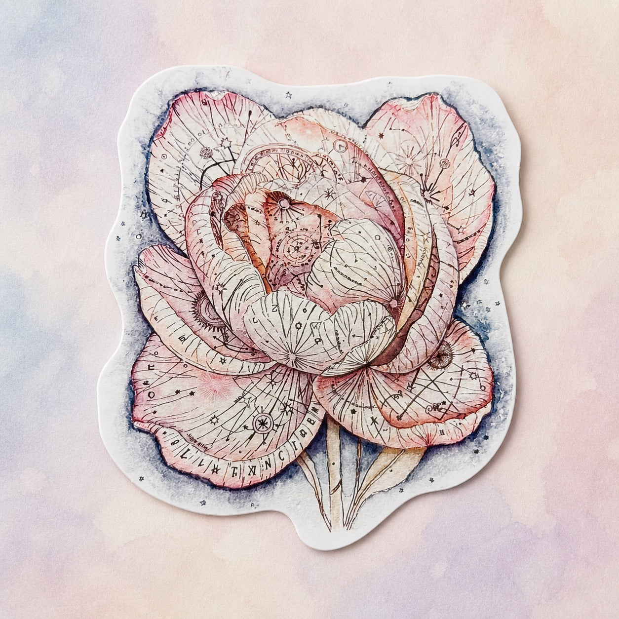 Atlas in Bloom celestial rose sticker on a blush, lavender, and blue pastel background