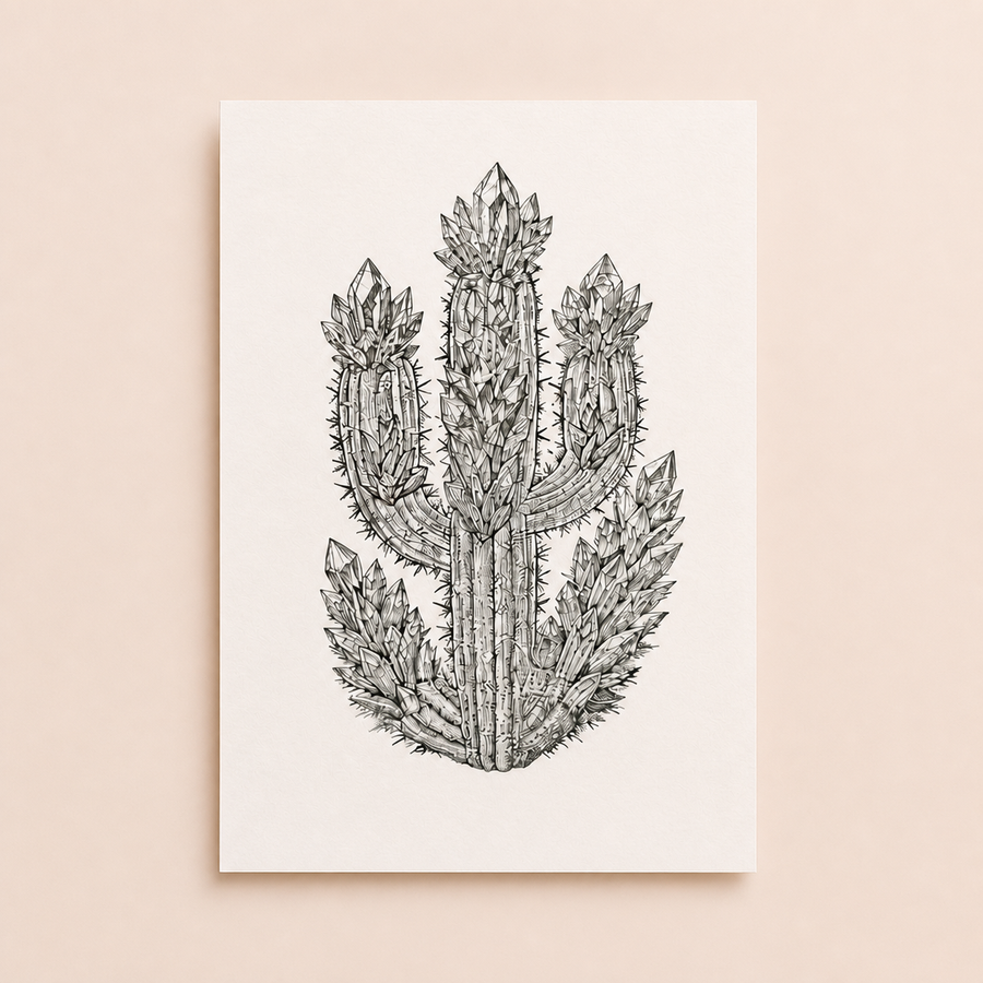 Crystal Cactus Art Print – Mystical Desert Crystal Art with Poetry