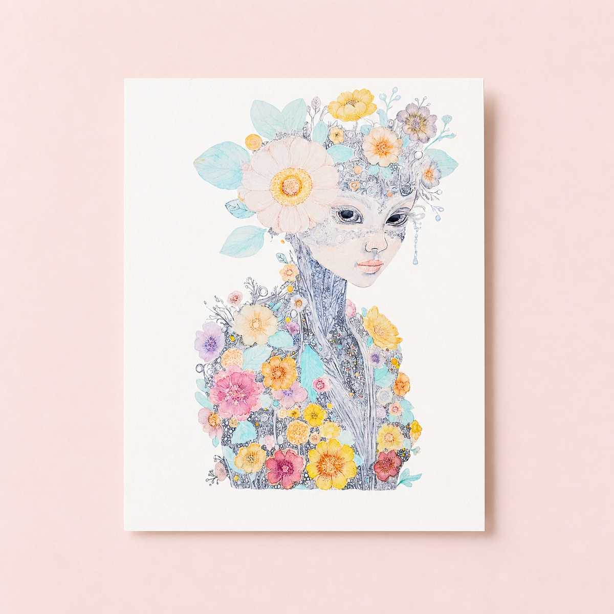 Unframed Persephone Reborn goddess art print displayed on a pale blush background