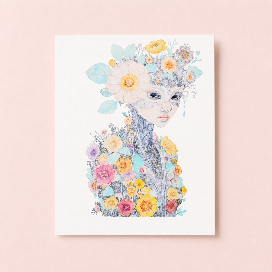 Unframed Persephone Reborn goddess art print displayed on a pale blush background