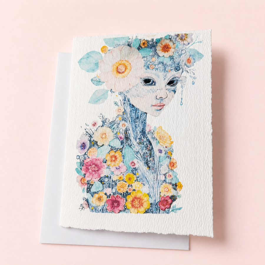 Persephone Reborn 5x7 deckled-edge greeting card with white envelope on a soft spring pastel background
