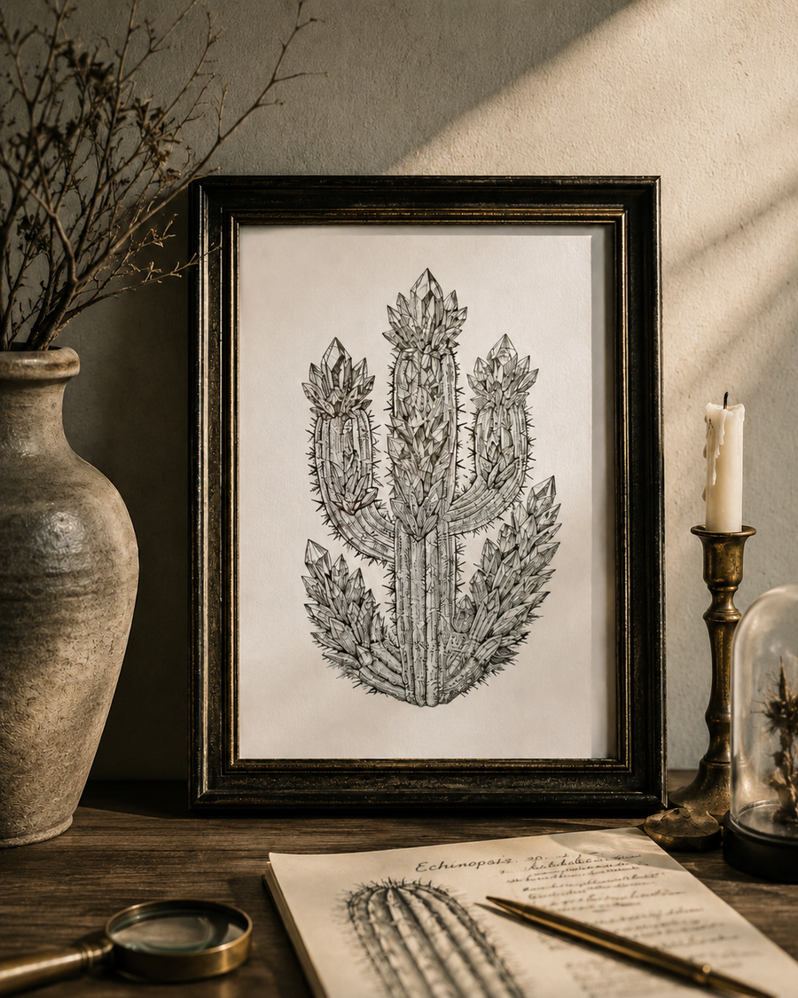 Crystal Cactus Art Print – Mystical Desert Crystal Art with Poetry