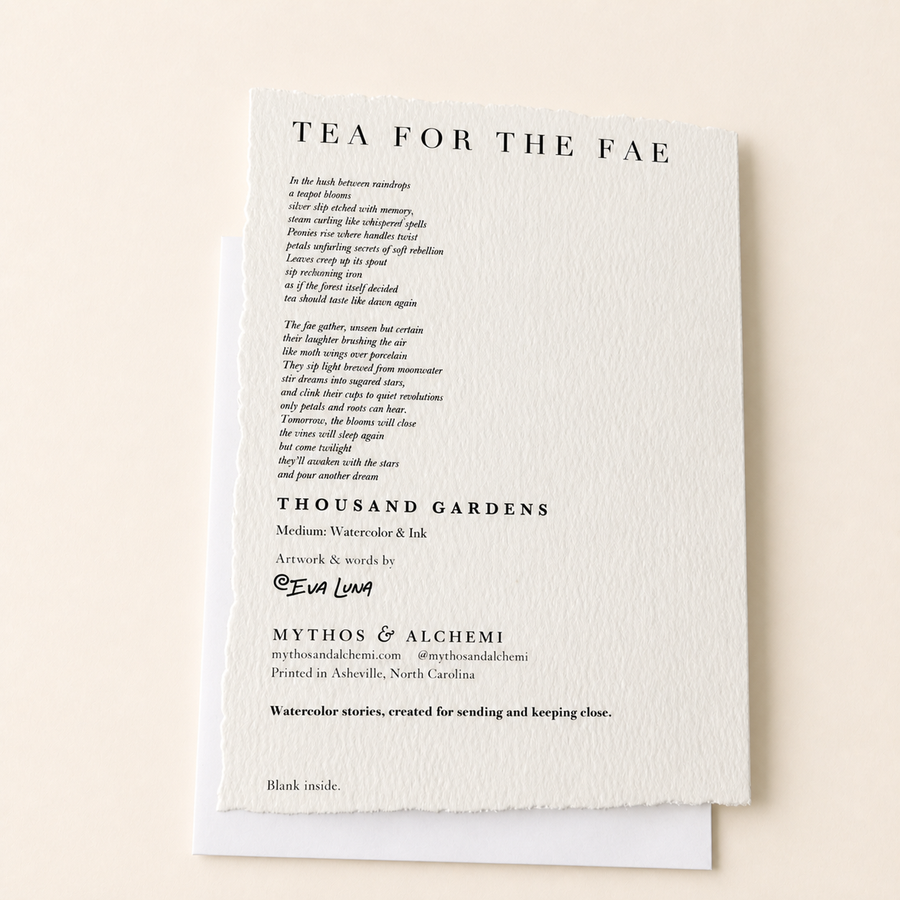 Back of the Tea for the Fae greeting card with original poem and artwork details
