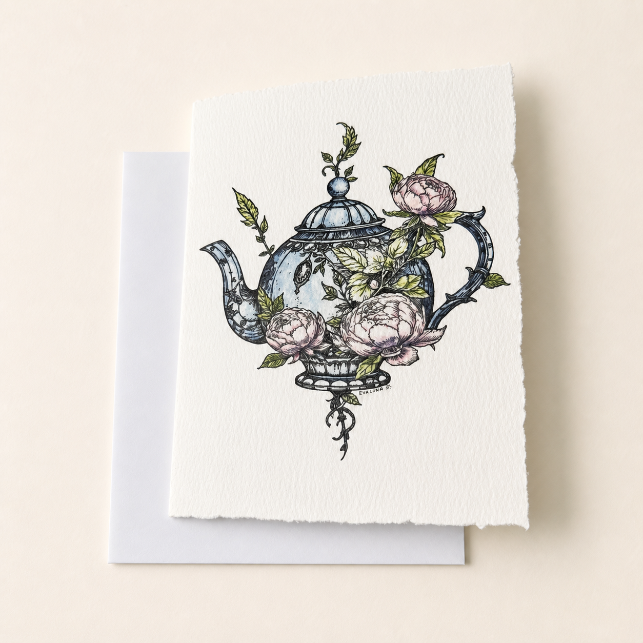 Tea for the Fae 5x7 deckled-edge greeting card with white envelope on a soft pastel background