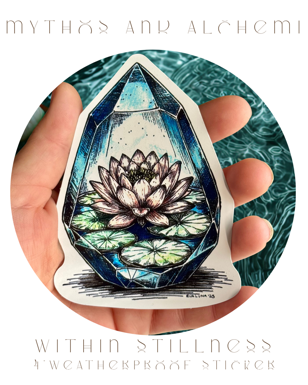 Within Stillness - Lotus Crystal Sticker - Weatherproof Vinyl Bumper Sticker, Laptop Sticker, Yoga Peace