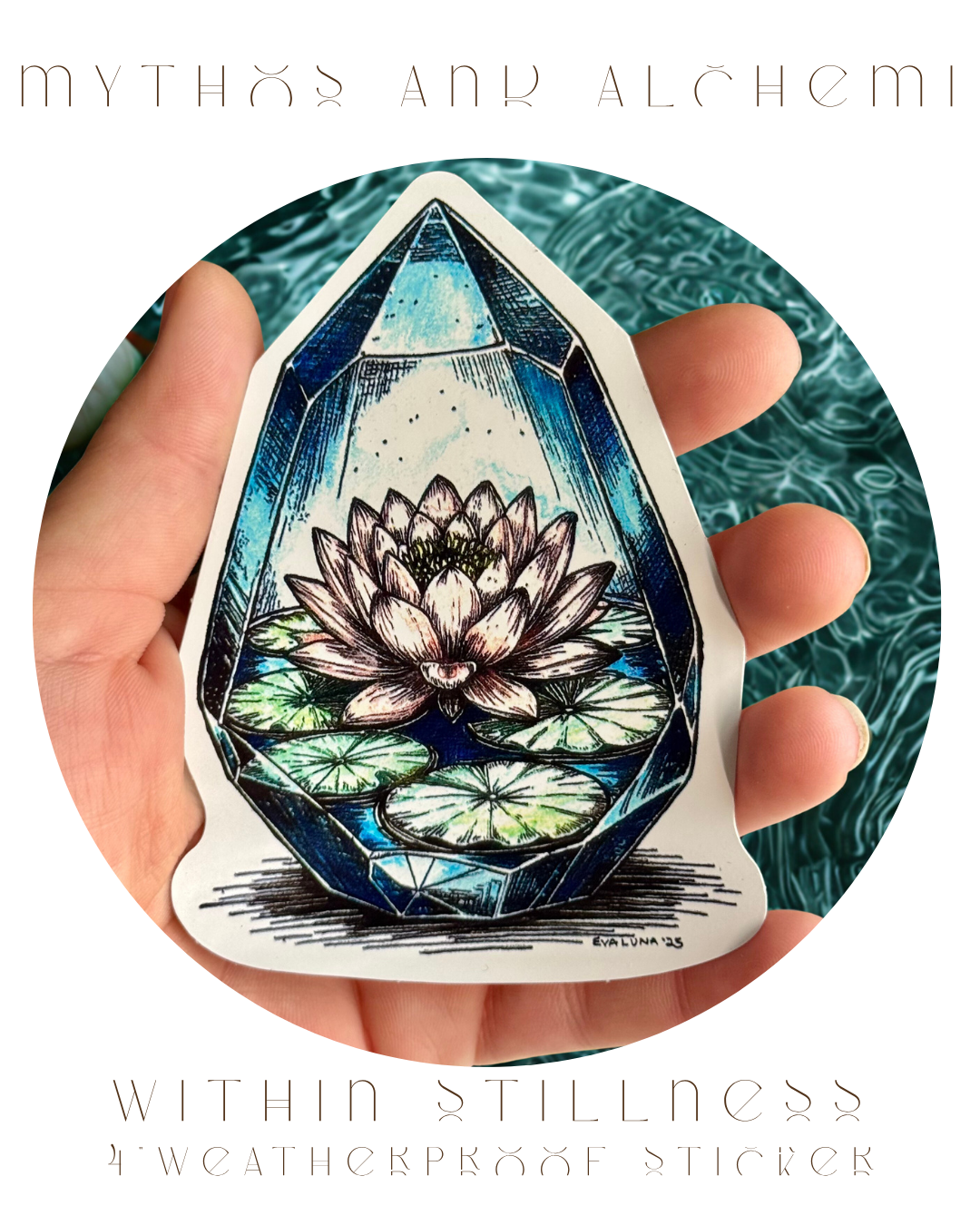 Within Stillness - Lotus Crystal Sticker - Weatherproof Vinyl Bumper Sticker, Laptop Sticker, Yoga Peace